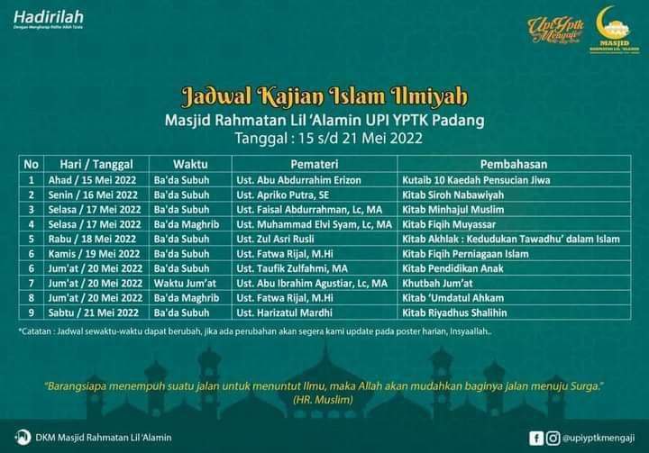 jadwal kajian padang masjid rahmatan lil alamin 15 mei 2022